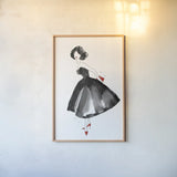Fashion Debutante with Red by Mercedes Lopez Charro. shown as a paper print in a natural frame. Available as a archival giclee rolled canvas, fine art paper, or poster print. SKU 68868h.