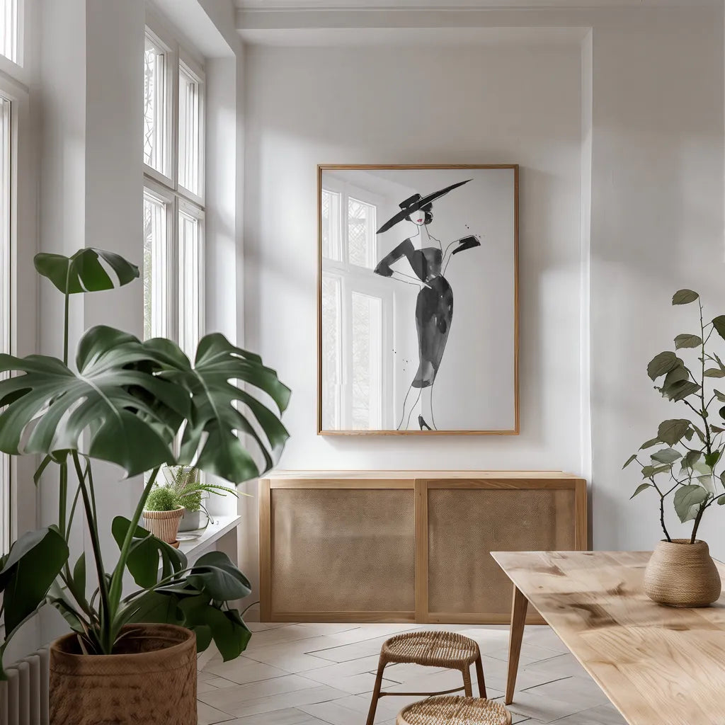 Fashionable Hat by Mercedes Lopez Charro. shown as a print in a natural wood frame in a dining room. Available as a archival giclee rolled canvas, fine art paper, or poster print. SKU 66871h.