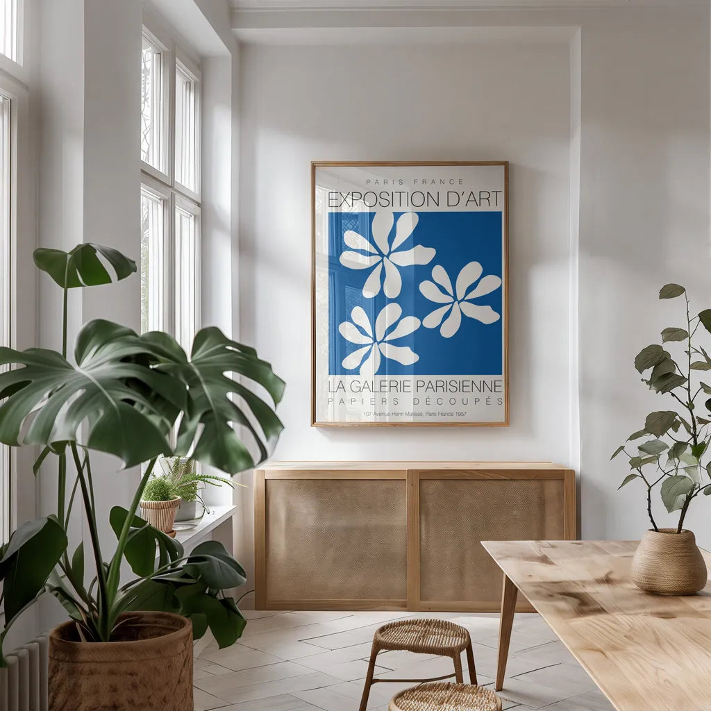 Fleurs de Matisse I by Mercedes Lopez Charro. shown as a print in a natural wood frame in a dining room. Available as a archival giclee rolled canvas, fine art paper, or poster print. SKU 78742h.