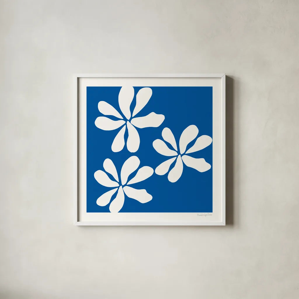 Fleurs de Matisse I Sq by Mercedes Lopez Charro. Shown in a crisp white glass frame for a clean and minimalist style. Available as an archival giclee rolled canvas, fine art paper, or poster print. SKU 80609a.