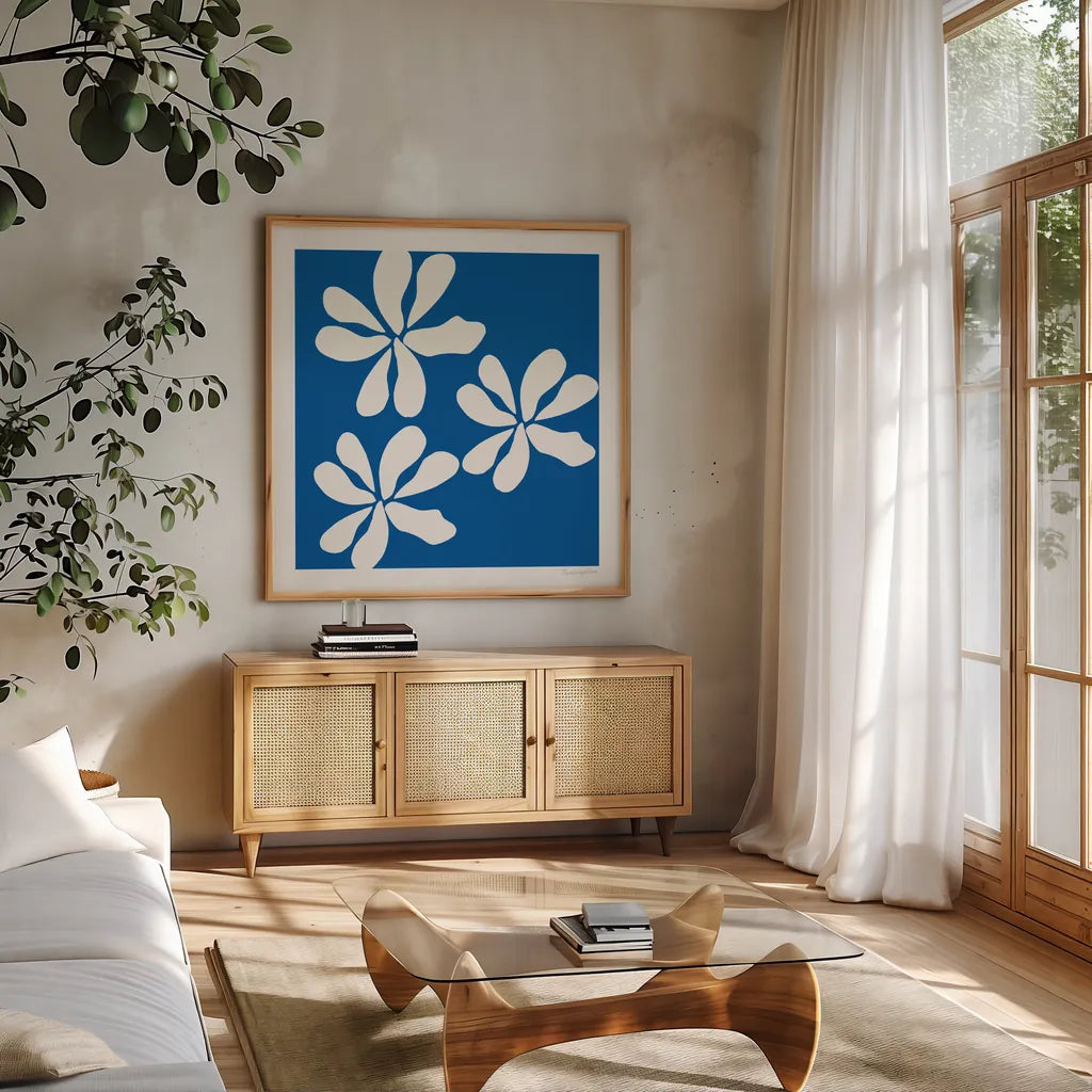 Fleurs de Matisse I Sq by Mercedes Lopez Charro. Shown in a natural wood frame in a cozy modern living room. Available as an archival giclee rolled canvas, fine art paper, or poster print. SKU 80609a.