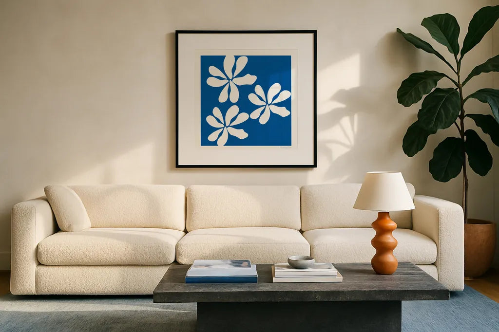 Fleurs de Matisse I Sq by Mercedes Lopez Charro. Displayed in a glass frame with matte in a clean modern living room. Available as an archival giclee rolled canvas, fine art paper, or poster print. SKU 80609a.