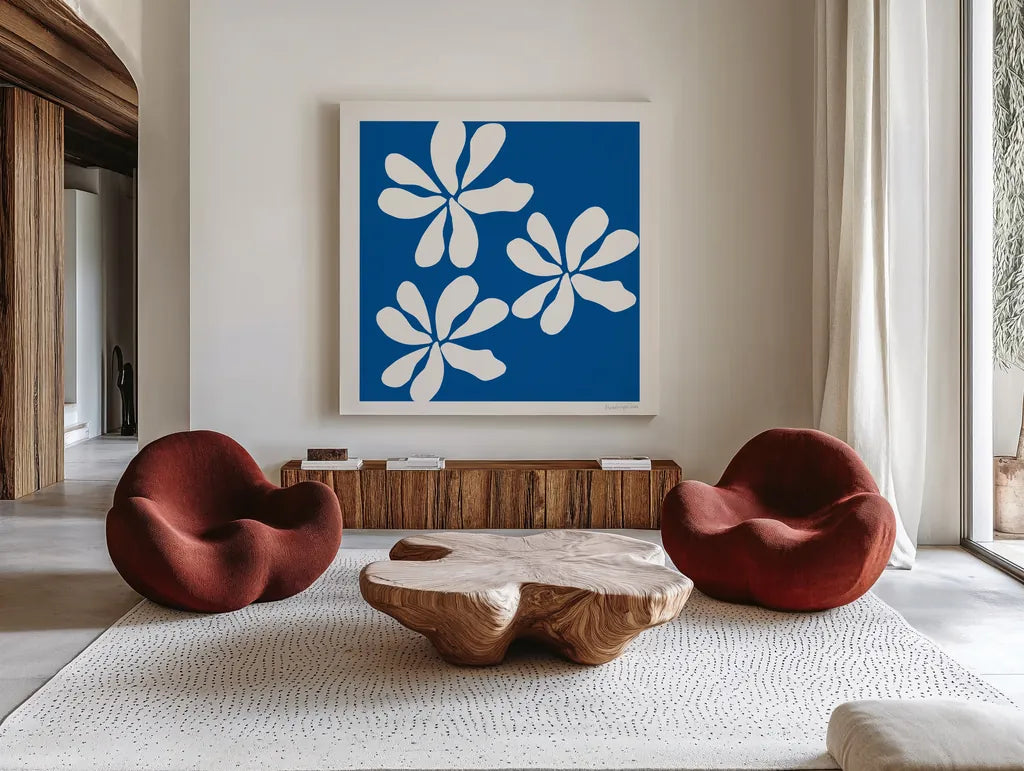 Fleurs de Matisse I Sq by Mercedes Lopez Charro. Shown as extra-large giant wall art in a modern living room. Available as an archival giclee rolled canvas, fine art paper, or poster print. SKU 80609a.
