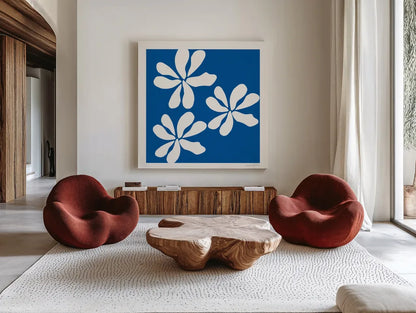 Fleurs de Matisse I Sq by Mercedes Lopez Charro. Shown as extra-large giant wall art in a modern living room. Available as an archival giclee rolled canvas, fine art paper, or poster print. SKU 80609a.