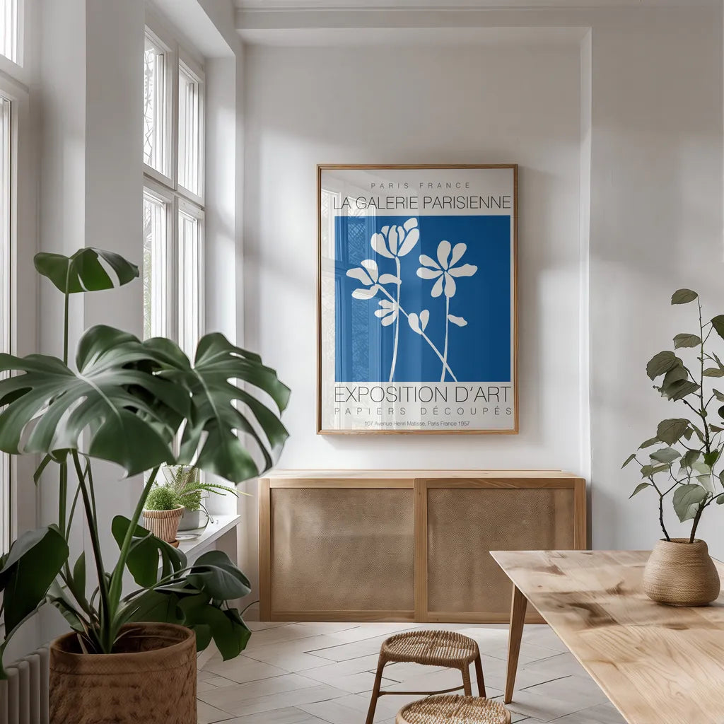Fleurs de Matisse II by Mercedes Lopez Charro. shown as a print in a natural wood frame in a dining room. Available as a archival giclee rolled canvas, fine art paper, or poster print. SKU 78743h.