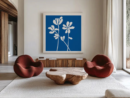 Fleurs de Matisse II Sq by Mercedes Lopez Charro. Shown as extra-large giant wall art in a modern living room. Available as an archival giclee rolled canvas, fine art paper, or poster print. SKU 80610a.