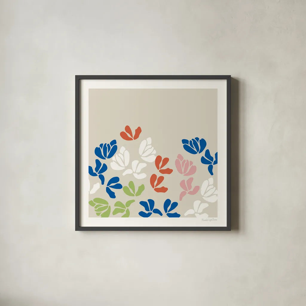 Fleurs de Matisse III Sq by Mercedes Lopez Charro. Shown in a sleek black glass frame for a contemporary gallery look. Available as an archival giclee rolled canvas, fine art paper, or poster print. SKU 80611a.
