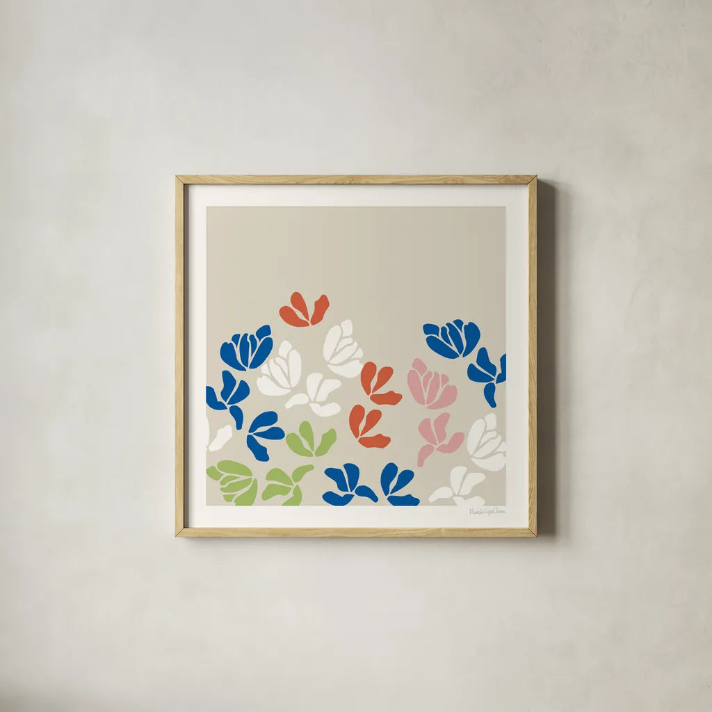 Fleurs de Matisse III Sq by Mercedes Lopez Charro. Shown in a natural wood glass frame for a timeless modern aesthetic. Available as an archival giclee rolled canvas, fine art paper, or poster print. SKU 80611a.