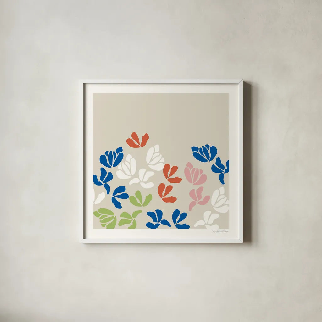 Fleurs de Matisse III Sq by Mercedes Lopez Charro. Shown in a crisp white glass frame for a clean and minimalist style. Available as an archival giclee rolled canvas, fine art paper, or poster print. SKU 80611a.