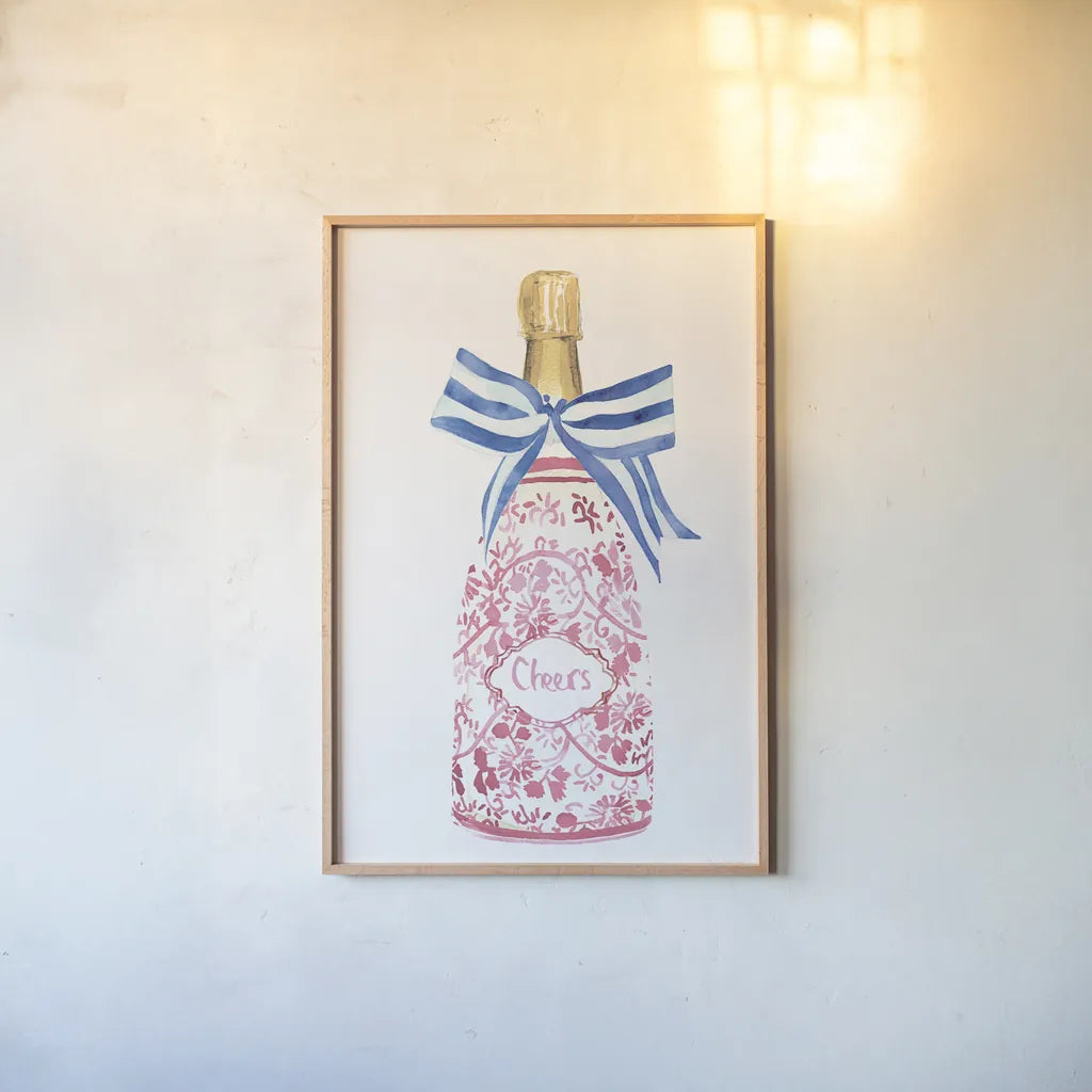 Flirty Champagne I by Mercedes Lopez Charro. shown as a paper print in a natural frame. Available as a archival giclee rolled canvas, fine art paper, or poster print. SKU 92817h.