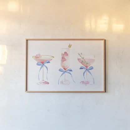 Flirty Champagne III by Mercedes Lopez Charro. shown as a paper print in a natural frame. Available as a archival giclee rolled canvas, fine art paper, or poster print. SKU 92819i.