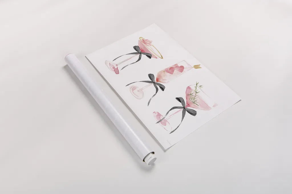 Flirty Champagne III Black Bows by Mercedes Lopez Charro. shown as a rolled paper print. Available as archival giclee rolled canvas, fine art paper, or poster print. SKU 96871i.