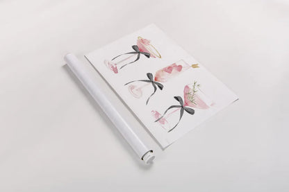 Flirty Champagne III Black Bows by Mercedes Lopez Charro. shown as a rolled paper print. Available as archival giclee rolled canvas, fine art paper, or poster print. SKU 96871i.