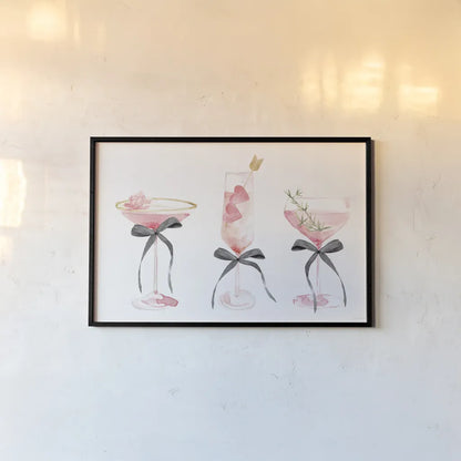 Flirty Champagne III Black Bows by Mercedes Lopez Charro. shown as a paper print in a black flame. Available as a archival giclee rolled canvas, fine art paper, or poster print. SKU 96871i.