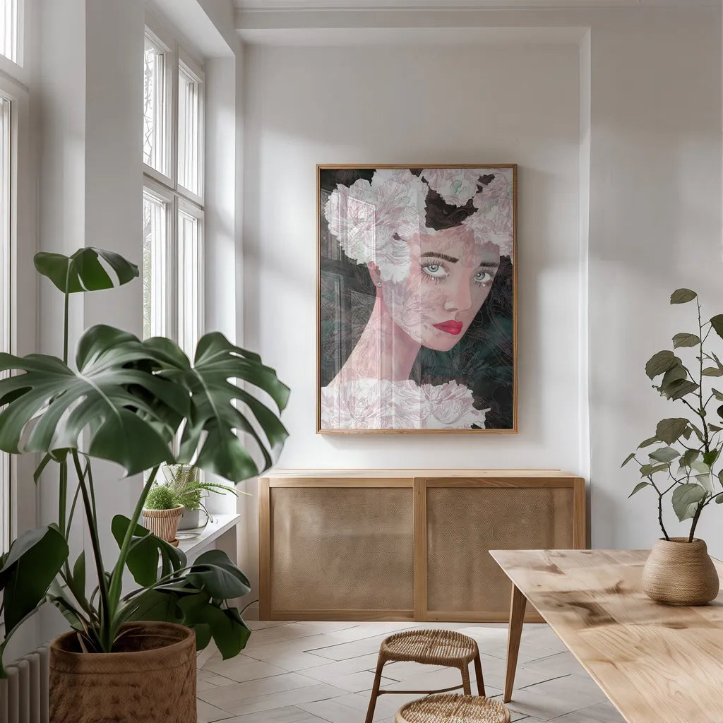 Floral Duchess by Mercedes Lopez Charro. shown as a print in a natural wood frame in a dining room. Available as a archival giclee rolled canvas, fine art paper, or poster print. SKU 65696h.