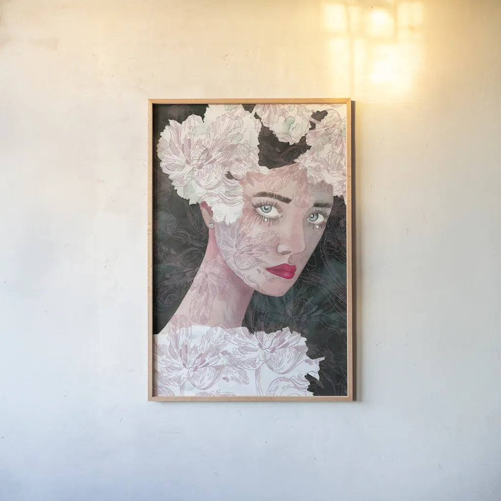Floral Duchess by Mercedes Lopez Charro. shown as a paper print in a natural frame. Available as a archival giclee rolled canvas, fine art paper, or poster print. SKU 65696h.