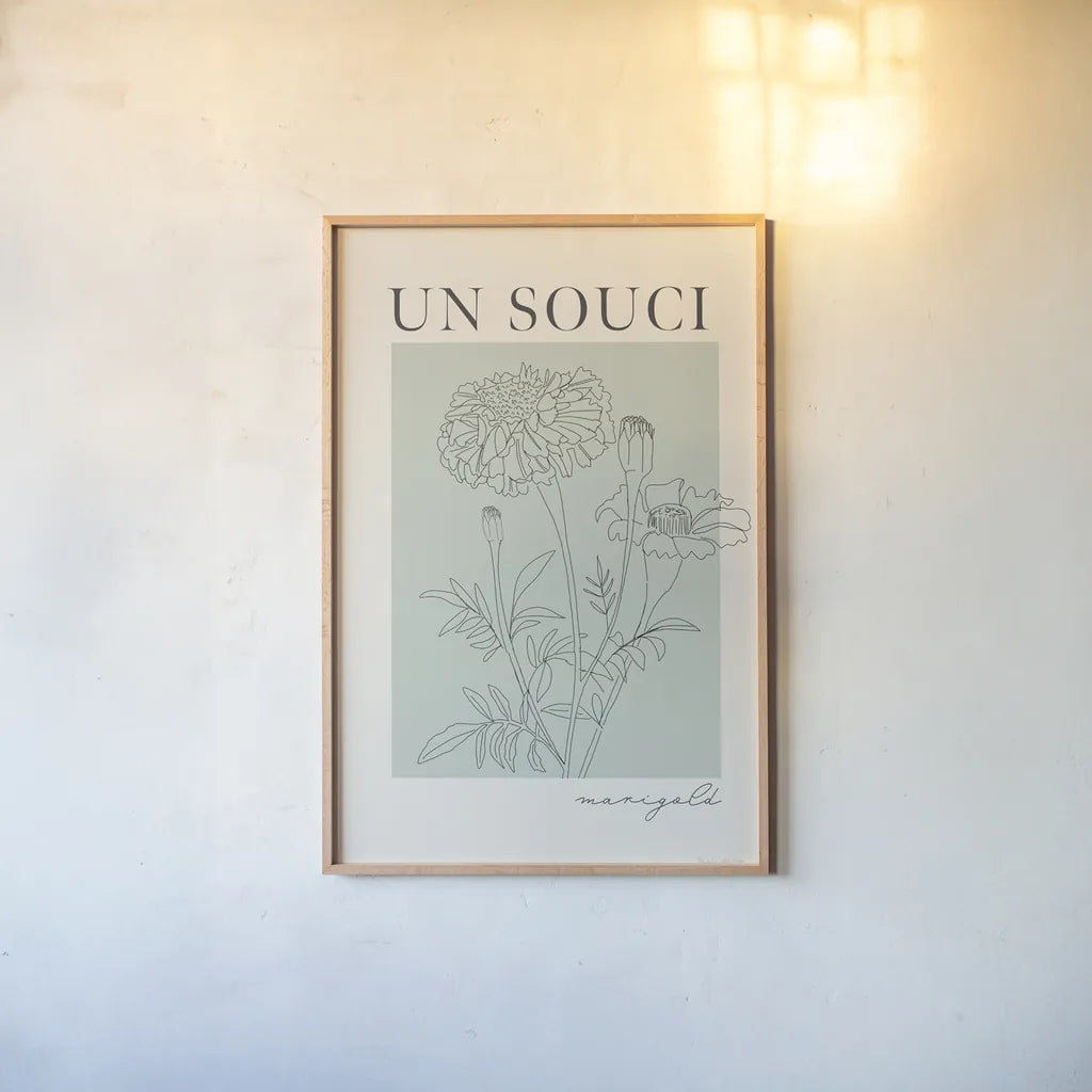 French Flower Poster II by Mercedes Lopez Charro. shown as a paper print in a natural frame. Available as a archival giclee rolled canvas, fine art paper, or poster print. SKU 86078h.