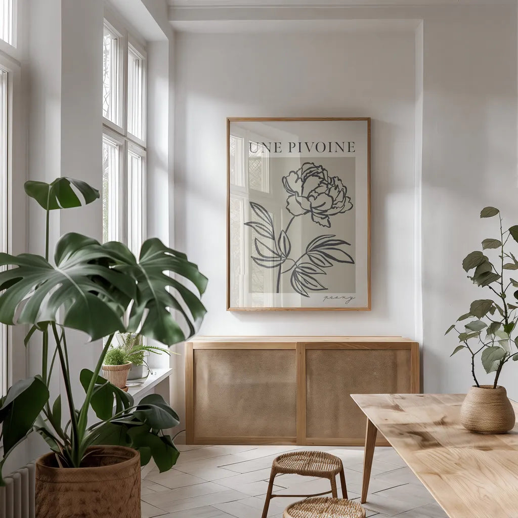 French Flower Poster III Bold by Mercedes Lopez Charro. shown as a print in a natural wood frame in a dining room. Available as a archival giclee rolled canvas, fine art paper, or poster print. SKU 86099h.