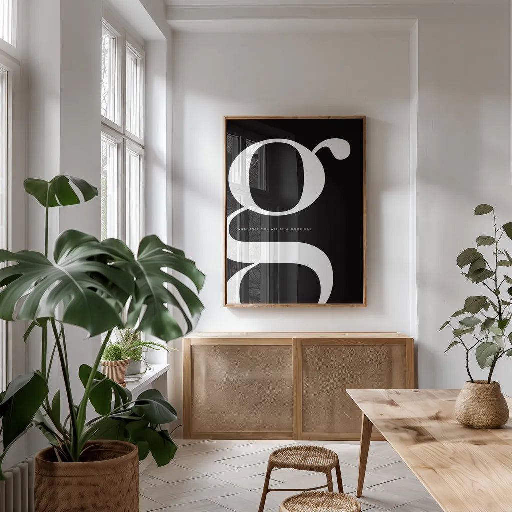 G is for Good by Mercedes Lopez Charro. shown as a print in a natural wood frame in a dining room. Available as a archival giclee rolled canvas, fine art paper, or poster print. SKU 64140h.