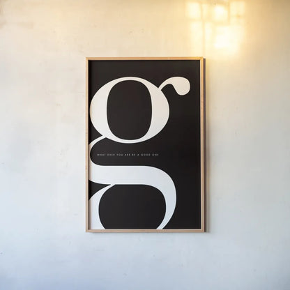 G is for Good by Mercedes Lopez Charro. shown as a paper print in a natural frame. Available as a archival giclee rolled canvas, fine art paper, or poster print. SKU 64140h.