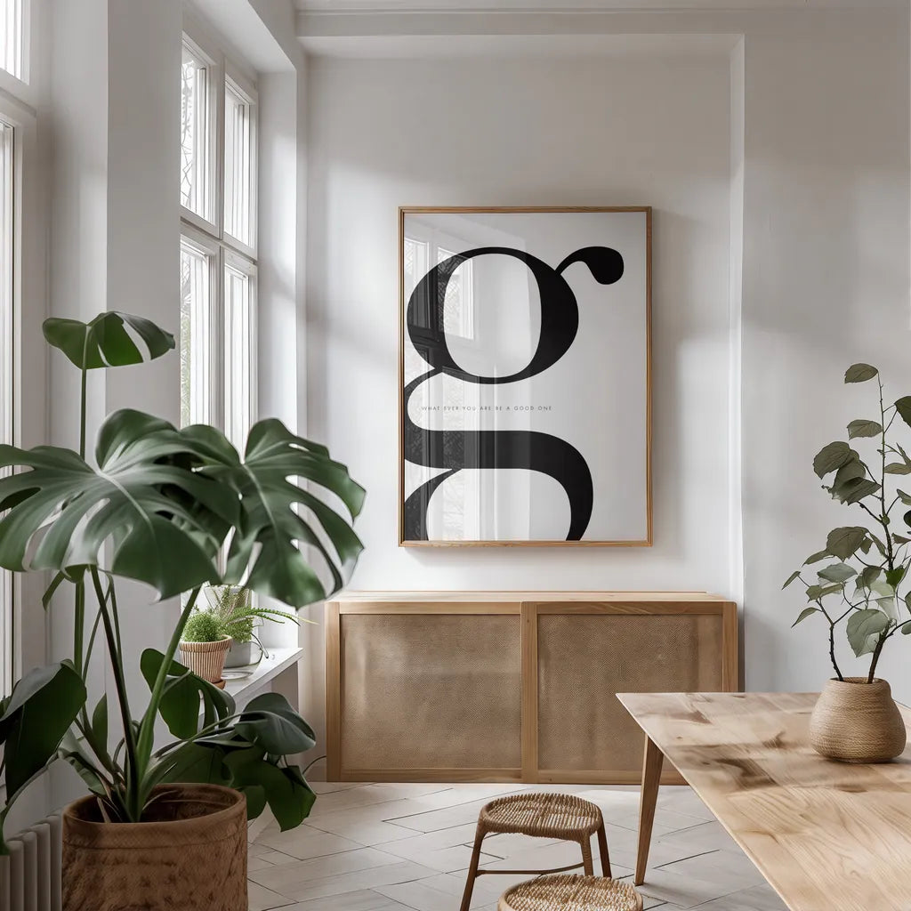 G is for Good on White by Mercedes Lopez Charro. shown as a print in a natural wood frame in a dining room. Available as a archival giclee rolled canvas, fine art paper, or poster print. SKU 64147h.