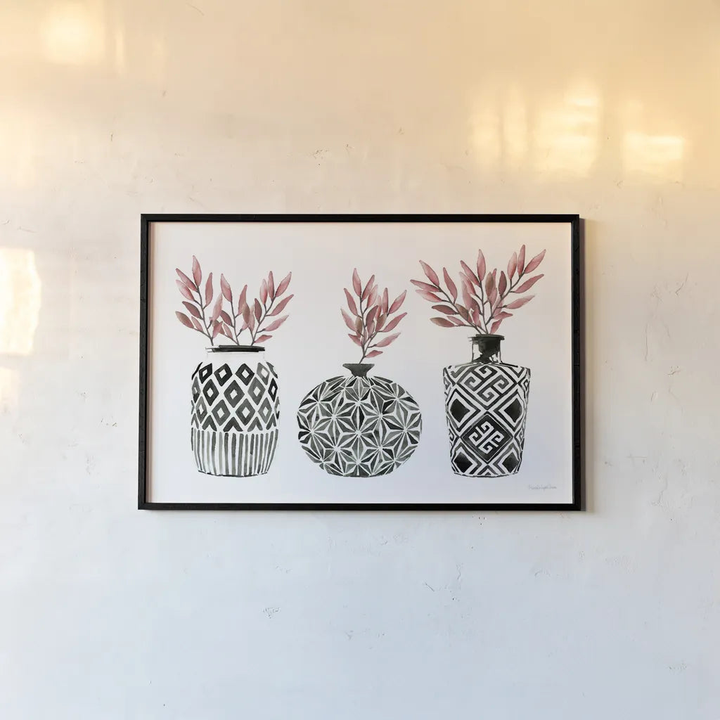 Geometric Vases I by Mercedes Lopez Charro. shown as a paper print in a black flame. Available as a archival giclee rolled canvas, fine art paper, or poster print. SKU 64162i.