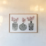 Geometric Vases I by Mercedes Lopez Charro. shown as a paper print in a natural frame. Available as a archival giclee rolled canvas, fine art paper, or poster print. SKU 64162i.