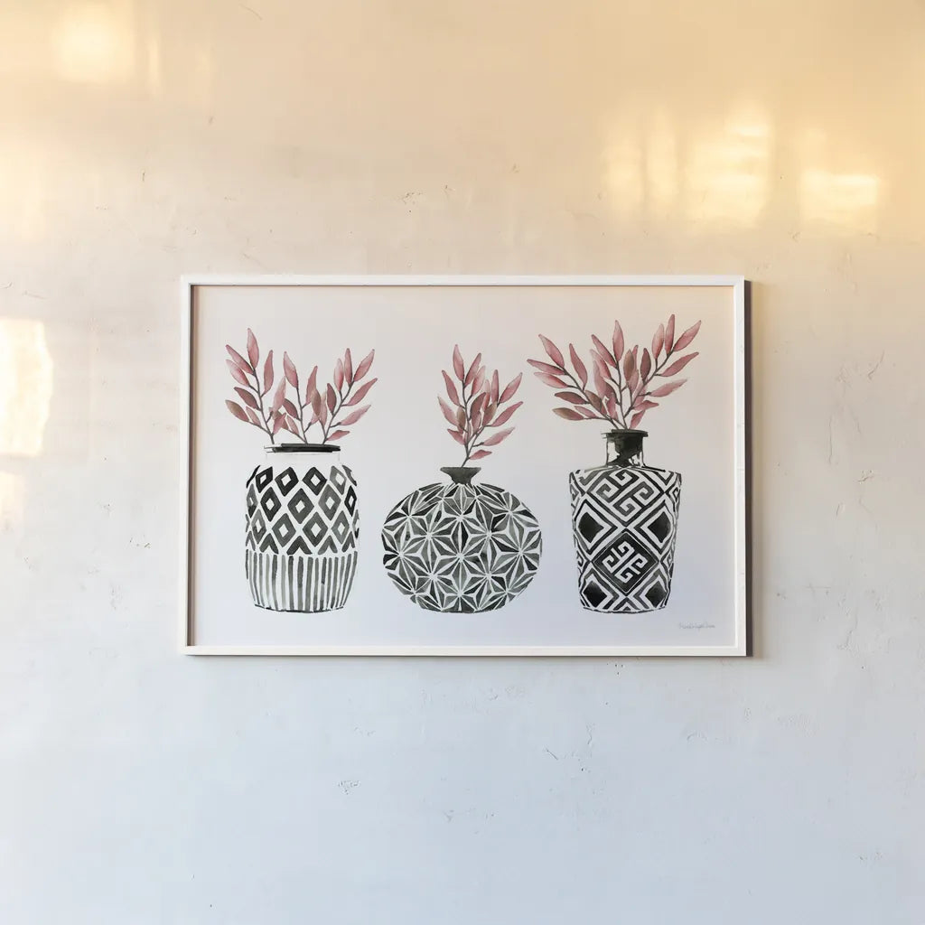 Geometric Vases I by Mercedes Lopez Charro. shown as a paper print in a white frame. Available as a archival giclee rolled canvas, fine art paper, or poster print. SKU 64162i.