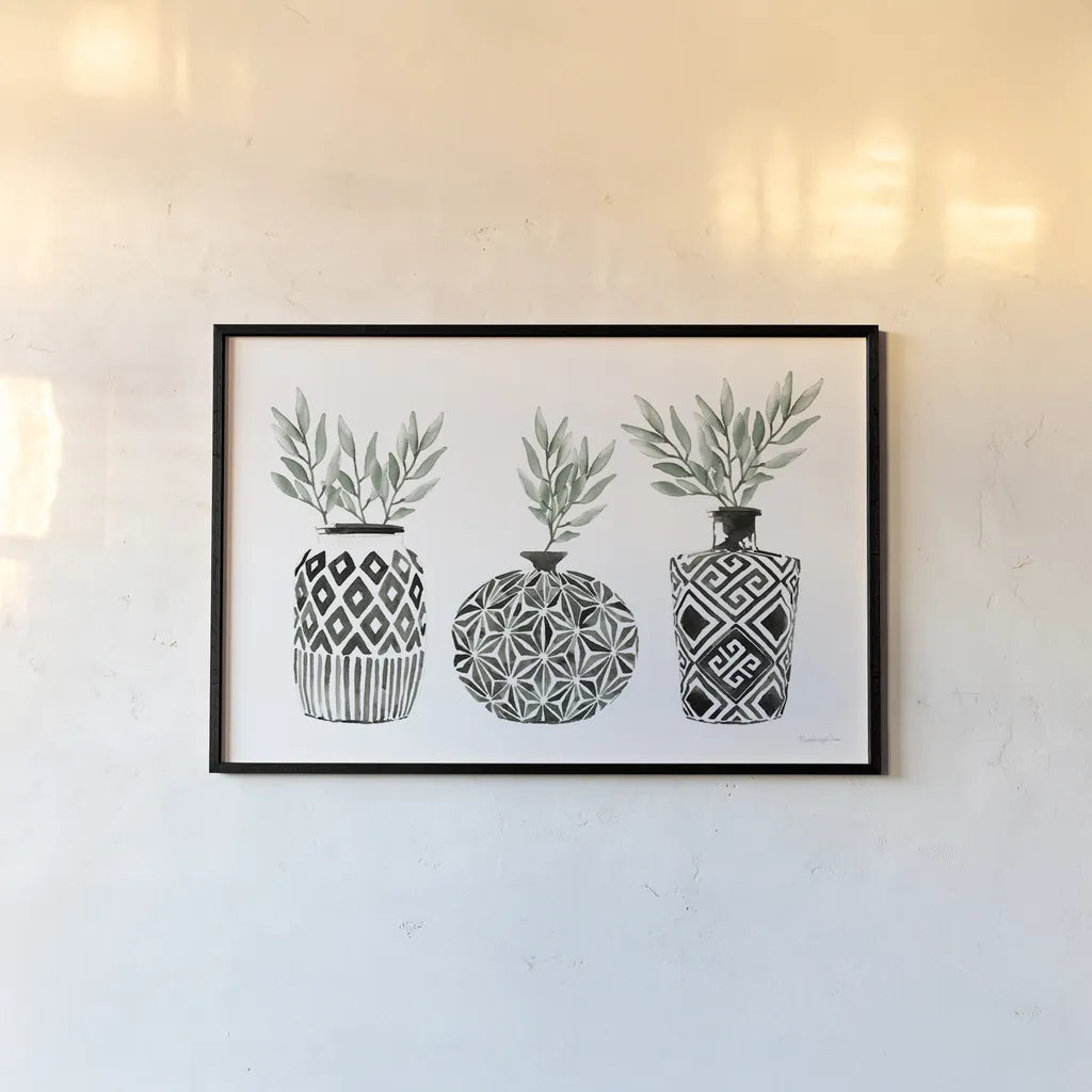 Geometric Vases I Green by Mercedes Lopez Charro. shown as a paper print in a black flame. Available as a archival giclee rolled canvas, fine art paper, or poster print. SKU 66484i.