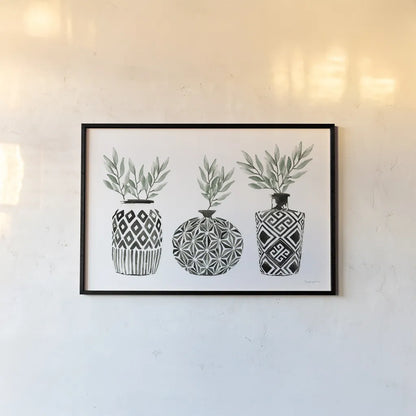 Geometric Vases I Green by Mercedes Lopez Charro. shown as a paper print in a black flame. Available as a archival giclee rolled canvas, fine art paper, or poster print. SKU 66484i.