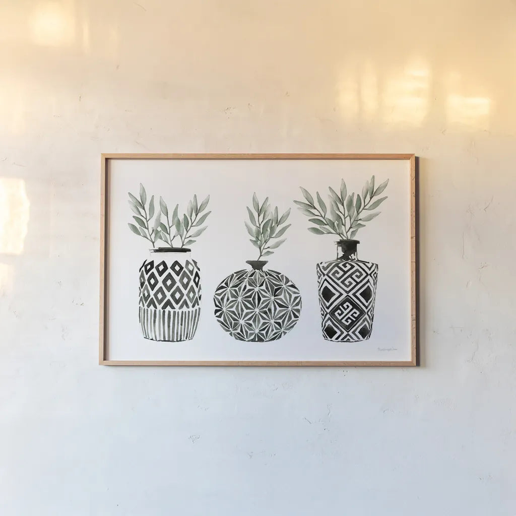 Geometric Vases I Green by Mercedes Lopez Charro. shown as a paper print in a natural frame. Available as a archival giclee rolled canvas, fine art paper, or poster print. SKU 66484i.