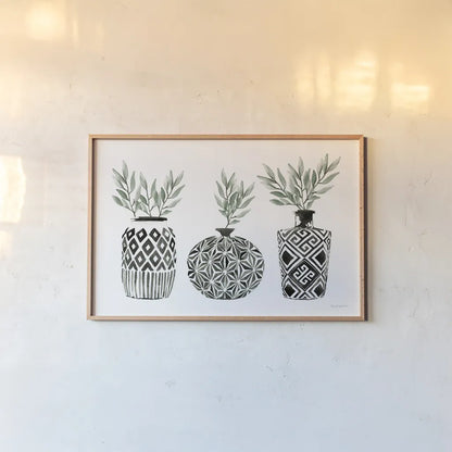 Geometric Vases I Green by Mercedes Lopez Charro. shown as a paper print in a natural frame. Available as a archival giclee rolled canvas, fine art paper, or poster print. SKU 66484i.