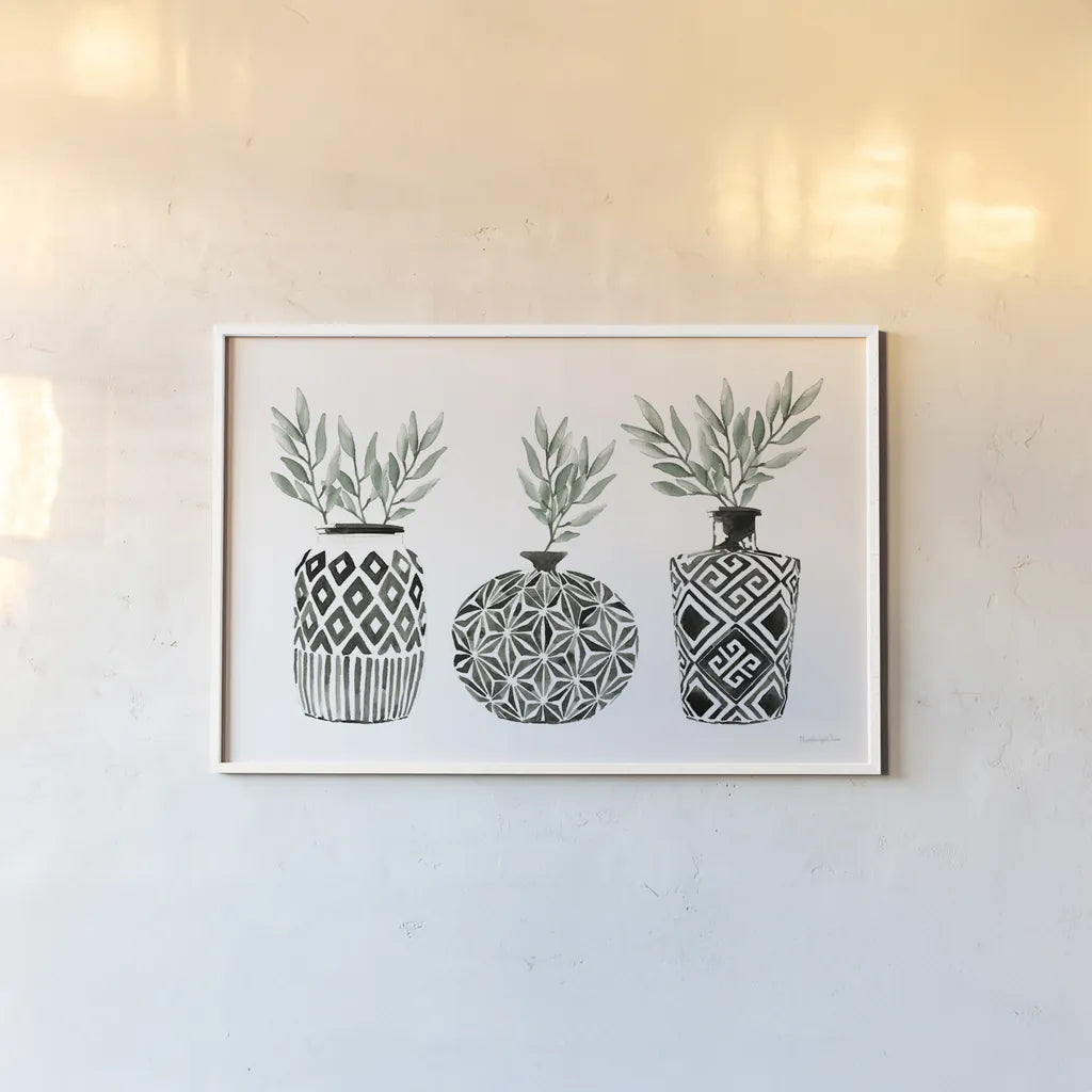 Geometric Vases I Green by Mercedes Lopez Charro. shown as a paper print in a white frame. Available as a archival giclee rolled canvas, fine art paper, or poster print. SKU 66484i.