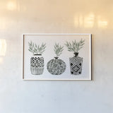 Geometric Vases I Green by Mercedes Lopez Charro. shown as a paper print in a white frame. Available as a archival giclee rolled canvas, fine art paper, or poster print. SKU 66484i.
