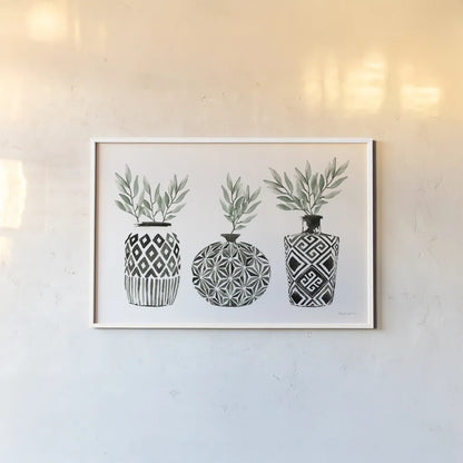 Geometric Vases I Green by Mercedes Lopez Charro. shown as a paper print in a white frame. Available as a archival giclee rolled canvas, fine art paper, or poster print. SKU 66484i.