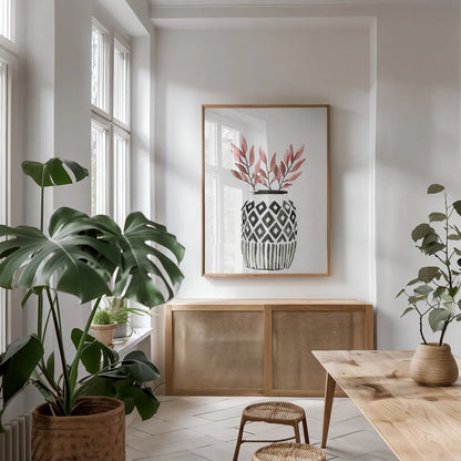 Geometric Vases II by Mercedes Lopez Charro. shown as a print in a natural wood frame in a dining room. Available as a archival giclee rolled canvas, fine art paper, or poster print. SKU 64163h.