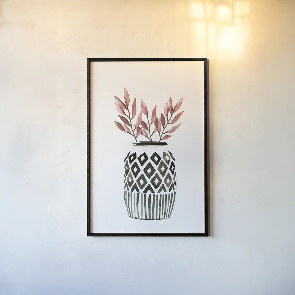 Geometric Vases II by Mercedes Lopez Charro. shown as a paper print in a black flame. Available as a archival giclee rolled canvas, fine art paper, or poster print. SKU 64163h.