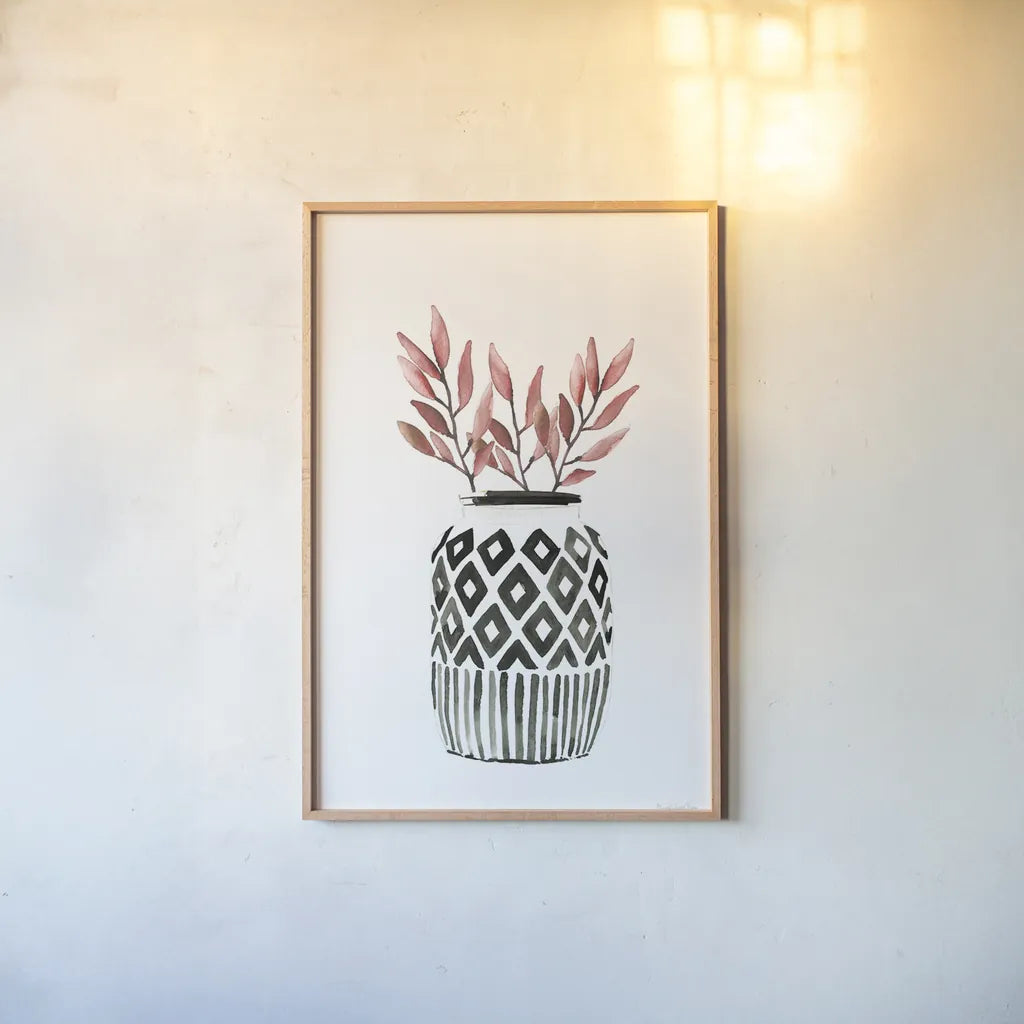 Geometric Vases II by Mercedes Lopez Charro. shown as a paper print in a natural frame. Available as a archival giclee rolled canvas, fine art paper, or poster print. SKU 64163h.