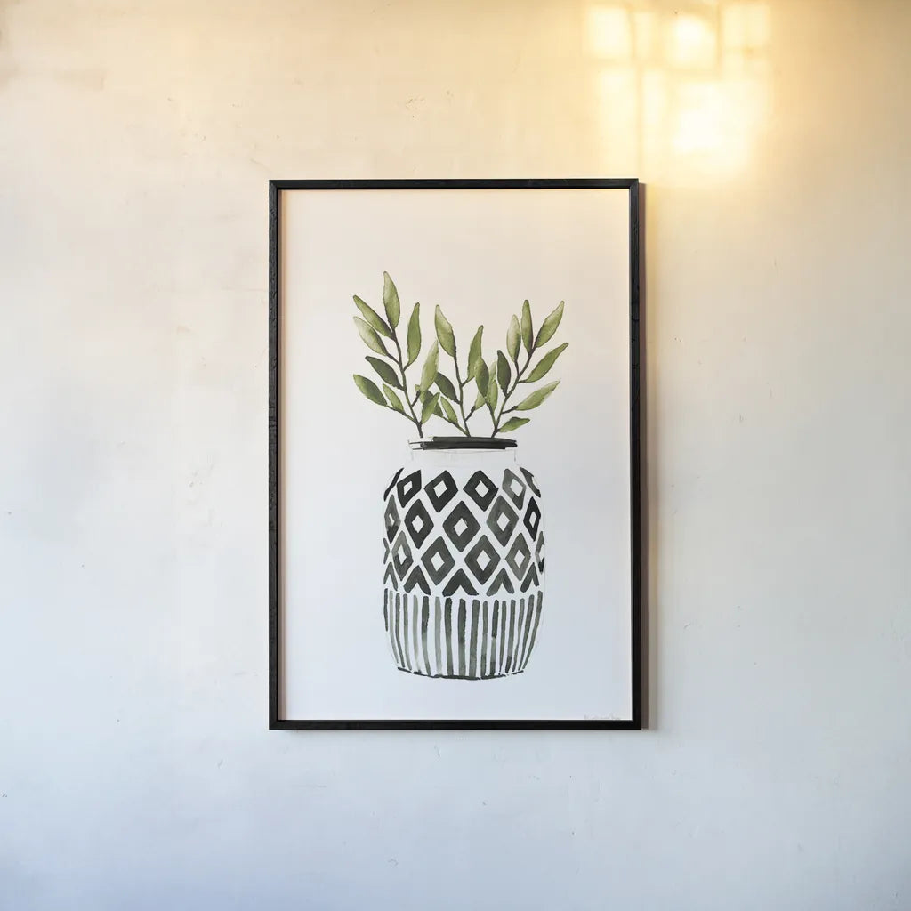 Geometric Vases II Green by Mercedes Lopez Charro. shown as a paper print in a black flame. Available as a archival giclee rolled canvas, fine art paper, or poster print. SKU 65924h.