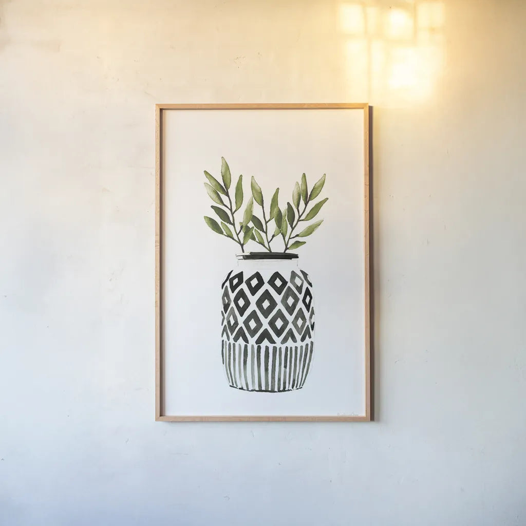 Geometric Vases II Green by Mercedes Lopez Charro. shown as a paper print in a natural frame. Available as a archival giclee rolled canvas, fine art paper, or poster print. SKU 65924h.