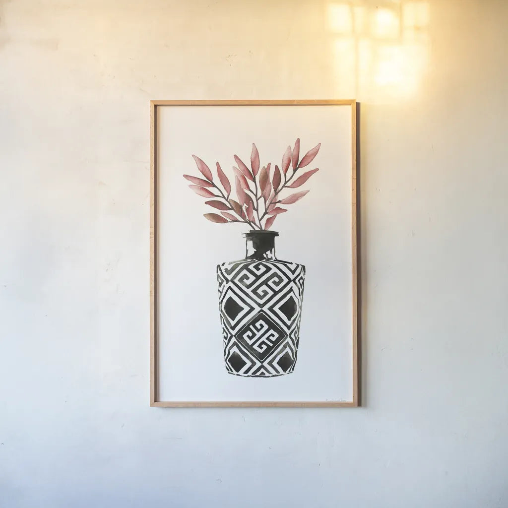 Geometric Vases III by Mercedes Lopez Charro. shown as a paper print in a natural frame. Available as a archival giclee rolled canvas, fine art paper, or poster print. SKU 64164h.