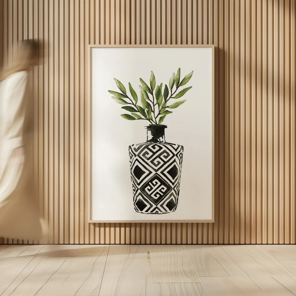 Geometric Vases III Green by Mercedes Lopez Charro. shown as over sized large wall art. Available as an archival giclee rolled canvas, fine art paper, or poster print. SKU 65925h.