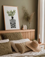 Geometric Vases III Green by Mercedes Lopez Charro. shown as a paper print in a natural frame. Available as a archival giclee rolled canvas, fine art paper, or poster print. SKU 65925h.