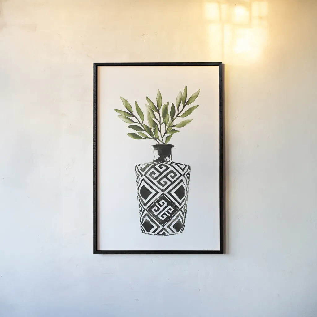 Geometric Vases III Green by Mercedes Lopez Charro. shown as a paper print in a black flame. Available as a archival giclee rolled canvas, fine art paper, or poster print. SKU 65925h.