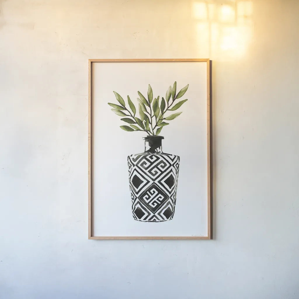 Geometric Vases III Green by Mercedes Lopez Charro. shown as a paper print in a natural frame. Available as a archival giclee rolled canvas, fine art paper, or poster print. SKU 65925h.