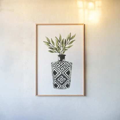 Geometric Vases III Green by Mercedes Lopez Charro. shown as a paper print in a natural frame. Available as a archival giclee rolled canvas, fine art paper, or poster print. SKU 65925h.