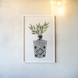 Geometric Vases III Green by Mercedes Lopez Charro. shown as a paper print in a white frame. Available as a archival giclee rolled canvas, fine art paper, or poster print. SKU 65925h.