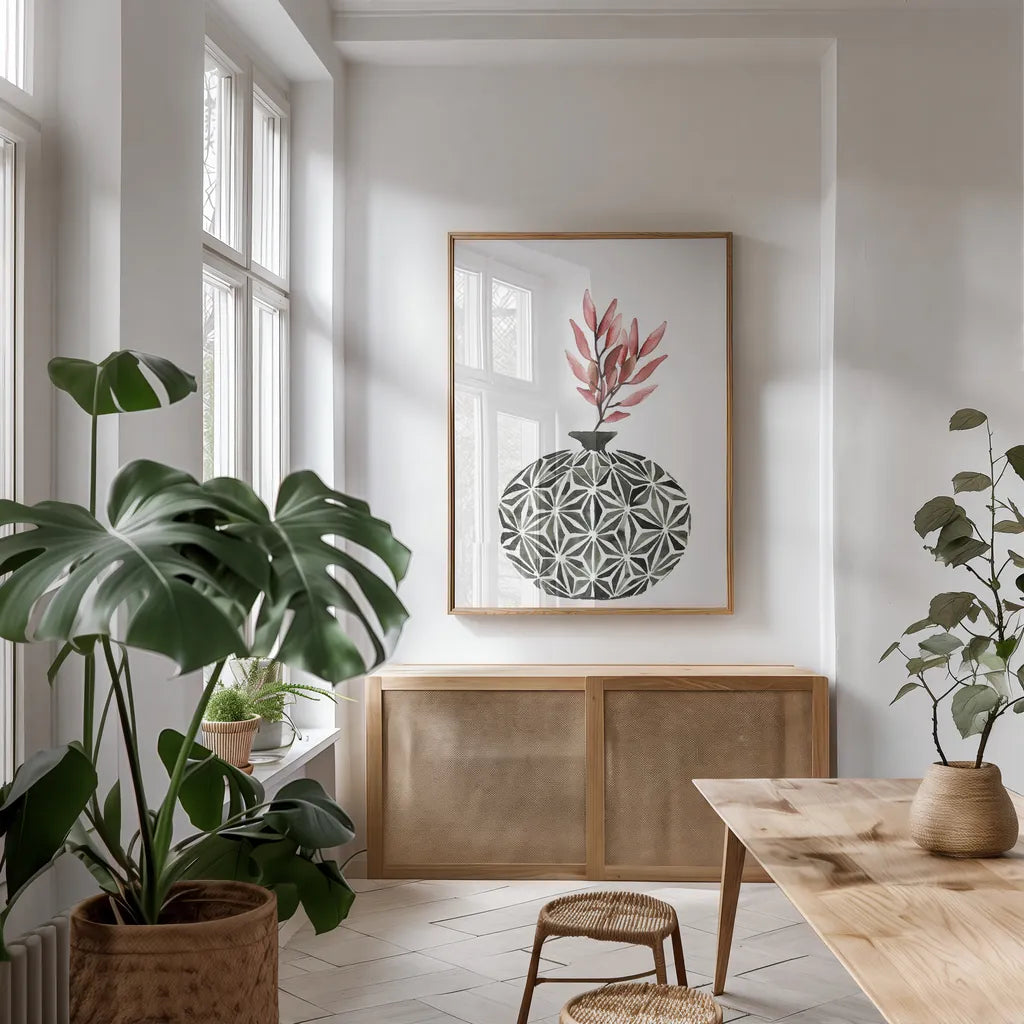 Geometric Vases IV by Mercedes Lopez Charro. shown as a print in a natural wood frame in a dining room. Available as a archival giclee rolled canvas, fine art paper, or poster print. SKU 64165h.