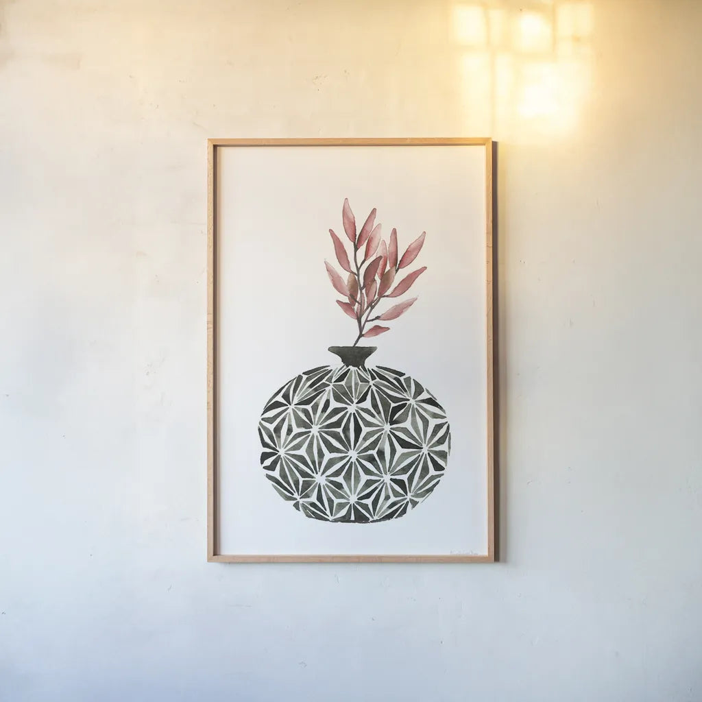 Geometric Vases IV by Mercedes Lopez Charro. shown as a paper print in a natural frame. Available as a archival giclee rolled canvas, fine art paper, or poster print. SKU 64165h.