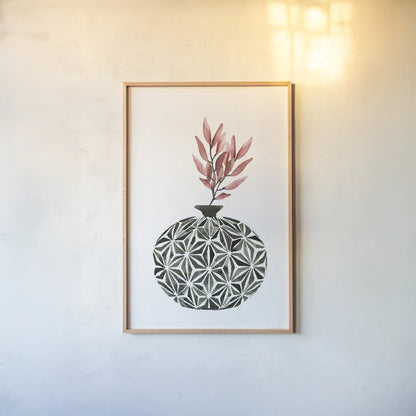 Geometric Vases IV by Mercedes Lopez Charro. shown as a paper print in a natural frame. Available as a archival giclee rolled canvas, fine art paper, or poster print. SKU 64165h.